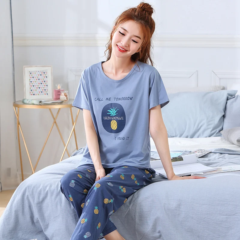 Summer Pyjamas Women Cotton Cartoon Pajamas Short Sleeve O-neck Casual Plus Size M-5XL Ladies Sleepwear Short Tops+Long Pants
Summer Pyjamas Women Cotton Cartoon Pajamas Short Sleeve O-neck Casual Plus Size M-5XL Ladies Sleepwear Short Tops+Long Pants