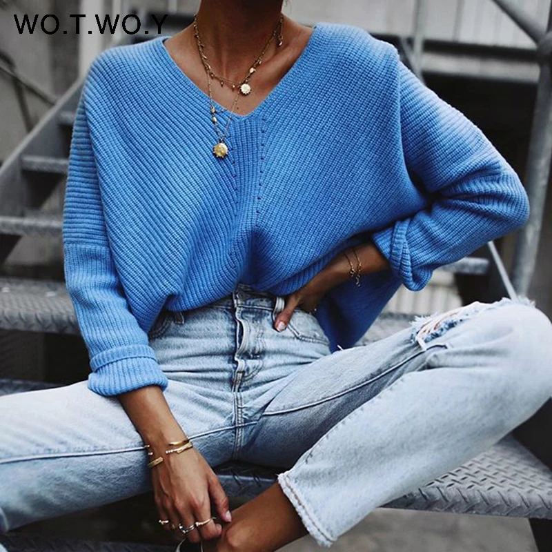 WOTWOY 2020 Autumn Winter Blue Knitted Pullovers Women Long Sleeve V-neck Cashmere Sweaters Casual Korean Female Jumper | Женская одежда