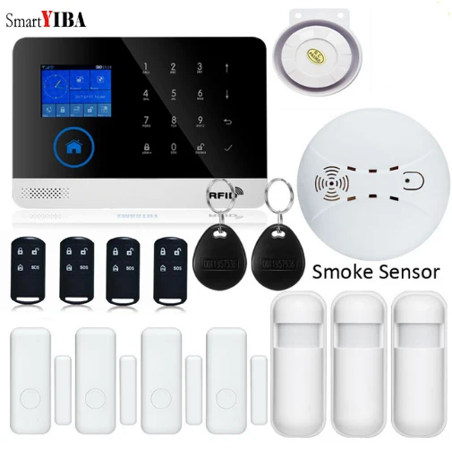 

SmartYIBA Wireless Touch Keyboard WIFI GSM Home RFID Burglar Security Alarm System Smoke Fire Sensor Detector APP Remote Control