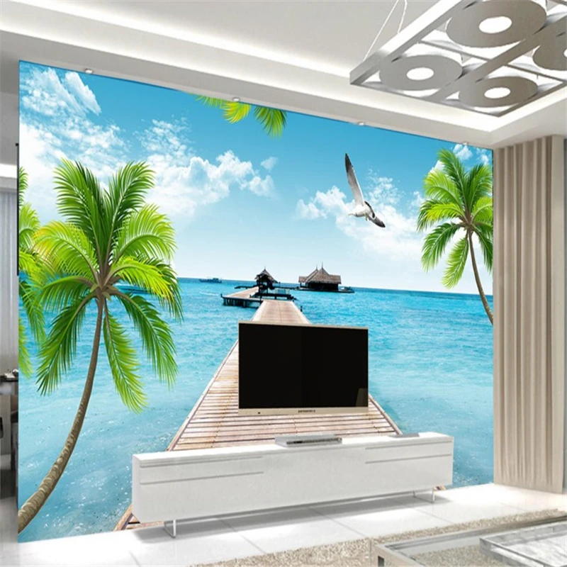

beibehang Custom large background wallpaper 3d stereo seaside landscape coconut sofa TV wall papel de parede para quarto