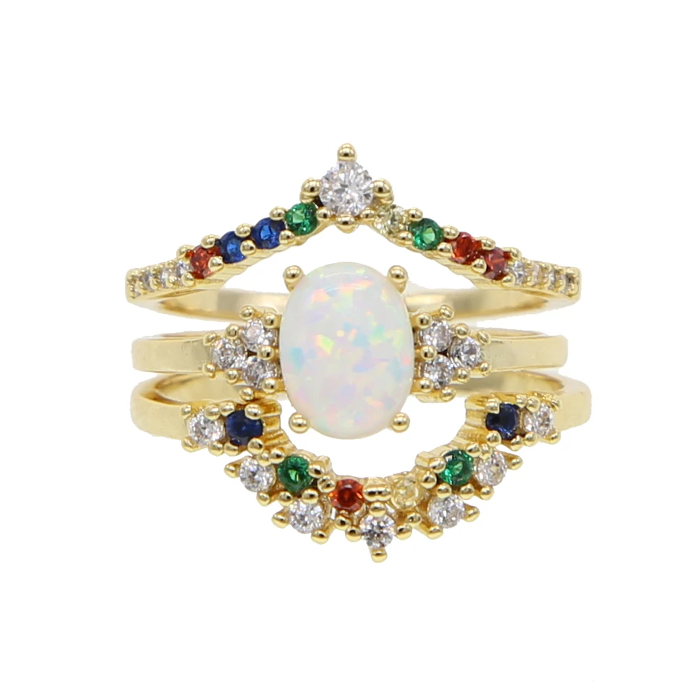copper gold color thin 3pcs set ring line micro pave cz eternity rainbow women engagement egg shape white fire opal | Украшения и