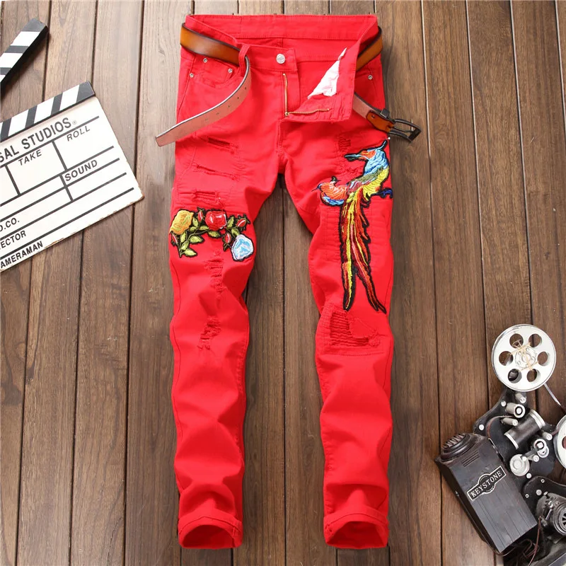 Men's Red Embroidery Biker Jeans for Motorcycle Slim Holes Ripped Distressed Denim Pants Vintage Long Trousers jean homme ropa
Men's Red Embroidery Biker Jeans for Motorcycle Slim Holes Ripped Distressed Denim Pants Vintage Long Trousers jean homme ropa