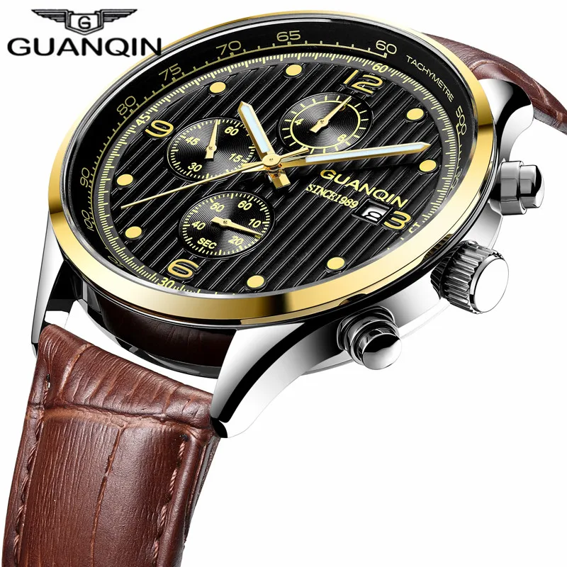 

GUANQIN Luxury Brand Watches Men Sport Chronograph Luminous Clock Military Casual Leather Quartz Wrist Watch Relogio Masculino