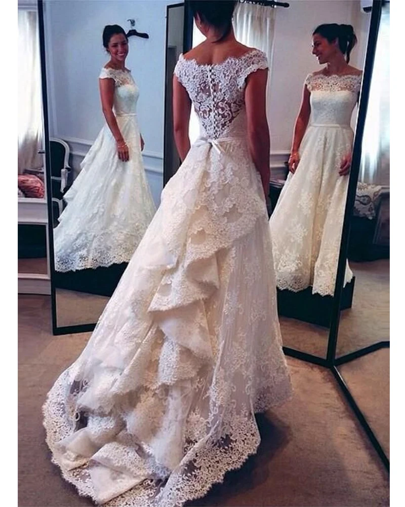 Top Quality Lace Boat Neck Princess Wedding Dress Tiered Ruffles Court Train Bridal Gowns Long Vestidos De Noive Kaftan
Top Quality Lace Boat Neck Princess Wedding Dress Tiered Ruffles Court Train Bridal Gowns Long Vestidos De Noive Kaftan