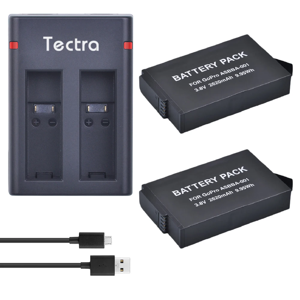 

Tectra 2Pcs 2620mAh GoPro ASBBA-001 Battery+2-Channal USB Charger for Gopro Fusion 360-Degree Action Camera.