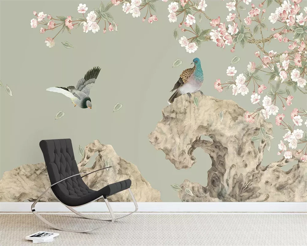 

beibehang Custom Nordic peach hand-painted flowers birds new Chinese background decorative painting papel de parede 3d wallpaper