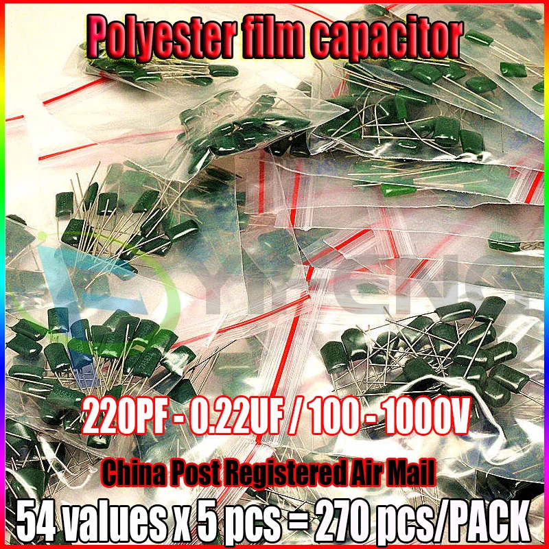 Polyester Film Capacitor 54Values x 5Pcs 220PF - 0.22UF Assorted Kit 100 - 1000V Total 270pcs Pack
Polyester Film Capacitor 54Values x 5Pcs 220PF - 0.22UF Assorted Kit 100 - 1000V Total 270pcs Pack