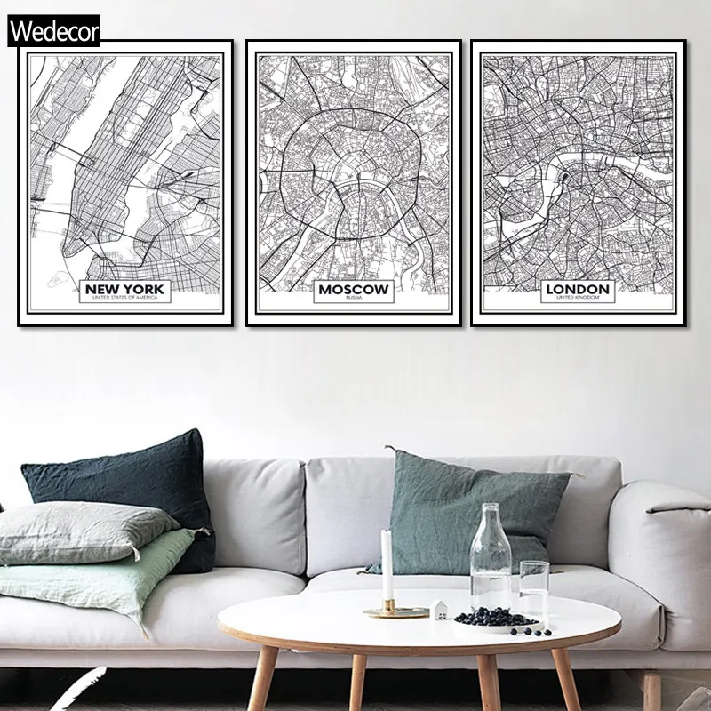 Фото Черный и белый карта городов мира Париж Лондон Нью Йорк плакат Nordic настенные