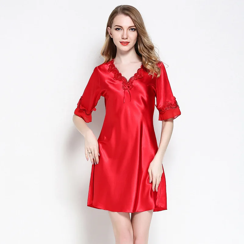 Sexy Red V-neck Spring Summer Nightgowns Short Sleeve Lace Patchwork Stain Sleepshirts Ladies Soft Sleepwear Mini Dress
Sexy Red V-neck Spring Summer Nightgowns Short Sleeve Lace Patchwork Stain Sleepshirts Ladies Soft Sleepwear Mini Dress