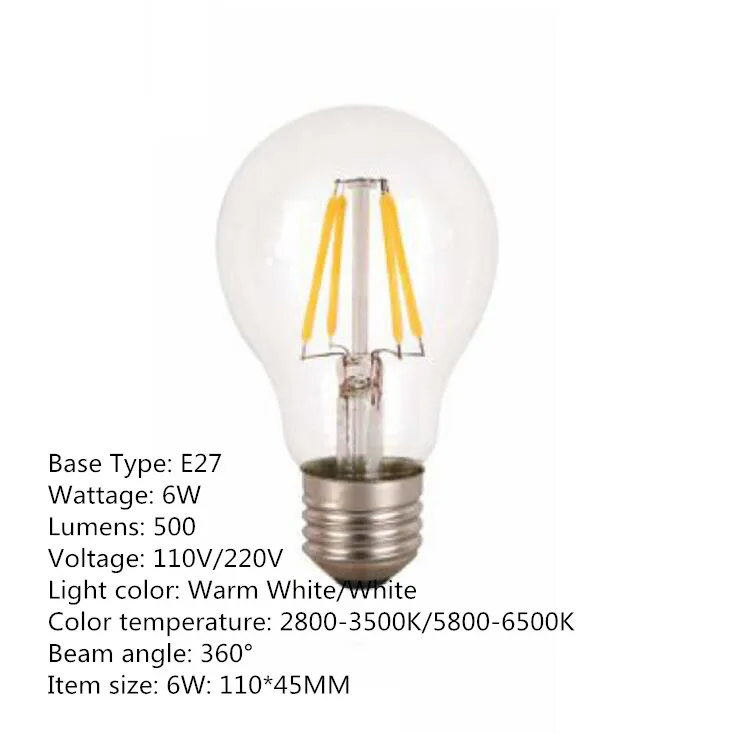 Светодиодная лампа E27 с нитью накаливания Эдисона COB углом обзора 360 градусов 3 Вт 6