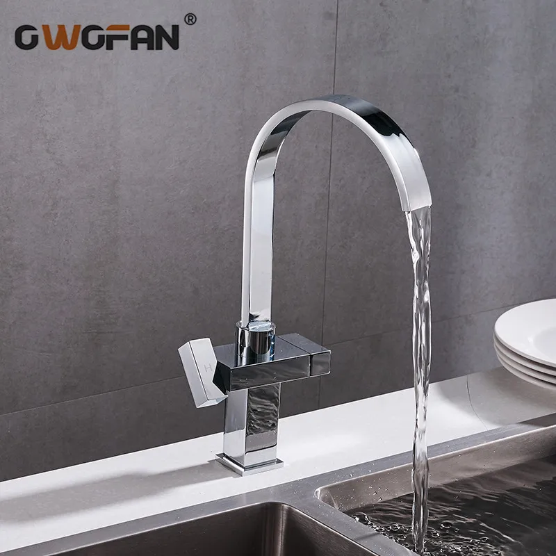 Modern Simple Waterfall Kitchen Faucet Square Dual Handle Stainless Steel Basin Faucets 360 Swivel Chrome Mixer Sink Tap 88307B |