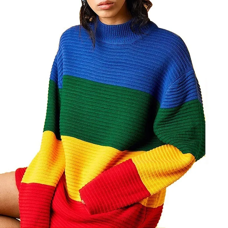 Autumn Winter Loose Sweater Female Rainbow Pullover Knitwear Wide Stripe Full Sleeve High Collar Knitting Jumpers
Autumn Winter Loose Sweater Female Rainbow Pullover Knitwear Wide Stripe Full Sleeve High Collar Knitting Jumpers