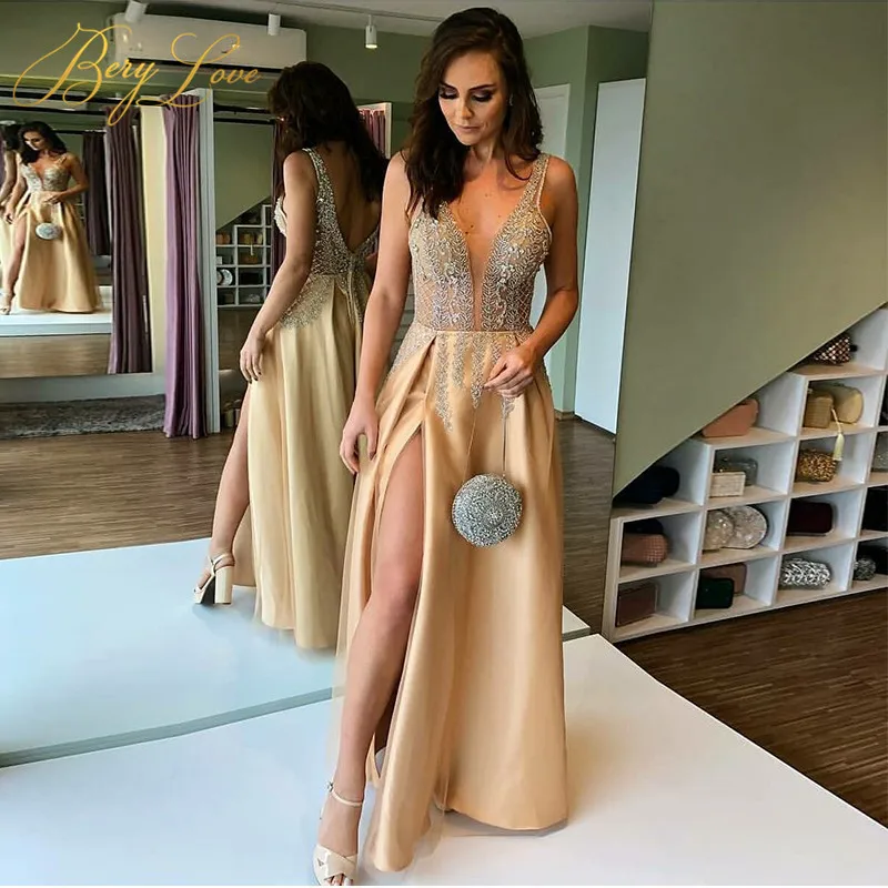 BeryLove вечернее платье цвета шампанского с V-образным вырезом 2020 бусинами длинное