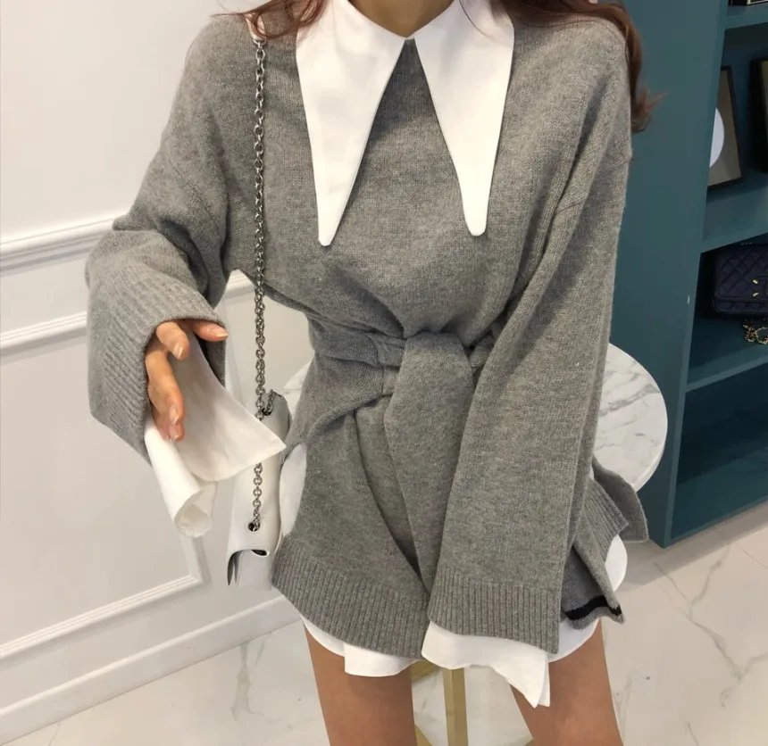 HAMALIEL Fashion Korean Two False Pieces Loose Pullovers Autumn Winter Women Solid Color Gray Bow Thick Knitted Long Sweater | Женская