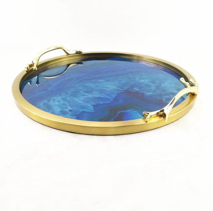 Metal crafts Nordic simple copper blue agate storage round tea tray model room home restaurant decoration Trays
Metal crafts Nordic simple copper blue agate storage round tea tray model room home restaurant decoration Trays