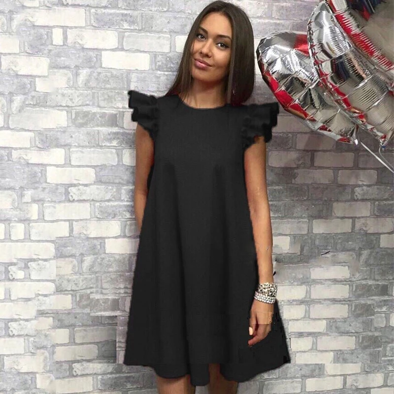 Women Ball Gown Dresses Solid Color New Summer Ruffles Mini Petal Sleeve Black Dress Plus Size Loose O-neck Vestidos Above Knee
Women Ball Gown Dresses Solid Color New Summer Ruffles Mini Petal Sleeve Black Dress Plus Size Loose O-neck Vestidos Above Knee