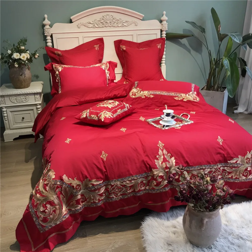 Golden Luxury 100S Egyptian cotton Embroidered Bedding sets Queen King Red Wedding Duvet cover Bed sheet set Pillowcases 4/6pcs
Golden Luxury 100S Egyptian cotton Embroidered Bedding sets Queen King Red Wedding Duvet cover Bed sheet set Pillowcases 4/6pcs