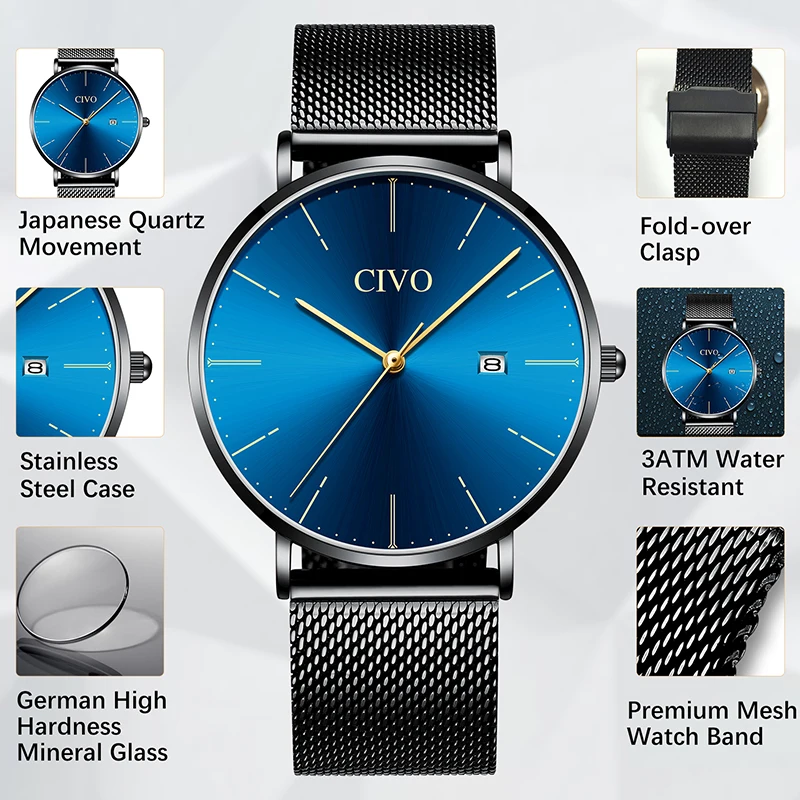 CIVO Бизнес Мужские часы Топ бренд класса люкс водонепроницаемые ультра тонкие