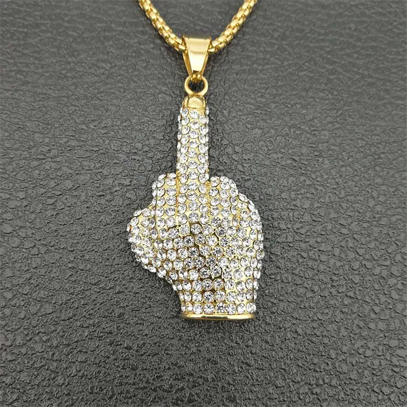 Hip Hop Men Women Gold Color Full Rhinestone Middle Finger Pendants Necklaces Male Stainless Steel Chain Bling Cool Jewelry
Hip Hop Men Women Gold Color Full Rhinestone Middle Finger Pendants Necklaces Male Stainless Steel Chain Bling Cool Jewelry