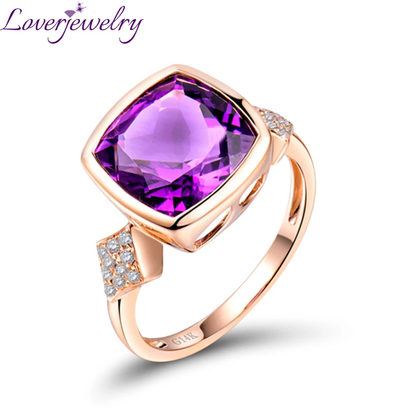 

LOVERJEWELRY Solid 14K Rose Gold Jewelry Cushion Cut Natural Purple Amethyst Ring Lovely Gift For Girl Wholesale