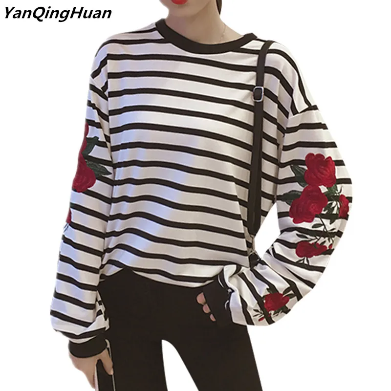 Autumn Harajuku Hoodies Roses Embroidery Lantern Sleeve Loose Striped Women Sweatshirt Women Vintage Elegant Casual Tops
Autumn Harajuku Hoodies Roses Embroidery Lantern Sleeve Loose Striped Women Sweatshirt Women Vintage Elegant Casual Tops