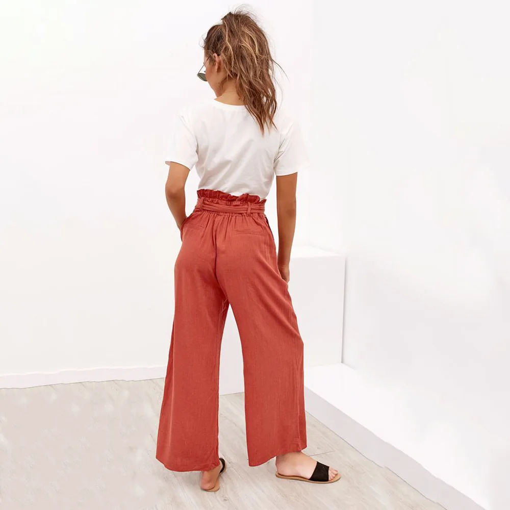 2019 High Waist Belted Zipper Palazzo Pants Ginger Frill Ruffle Wide Leg Women Elegant OL Style Trousers 170828703 | Женская одежда