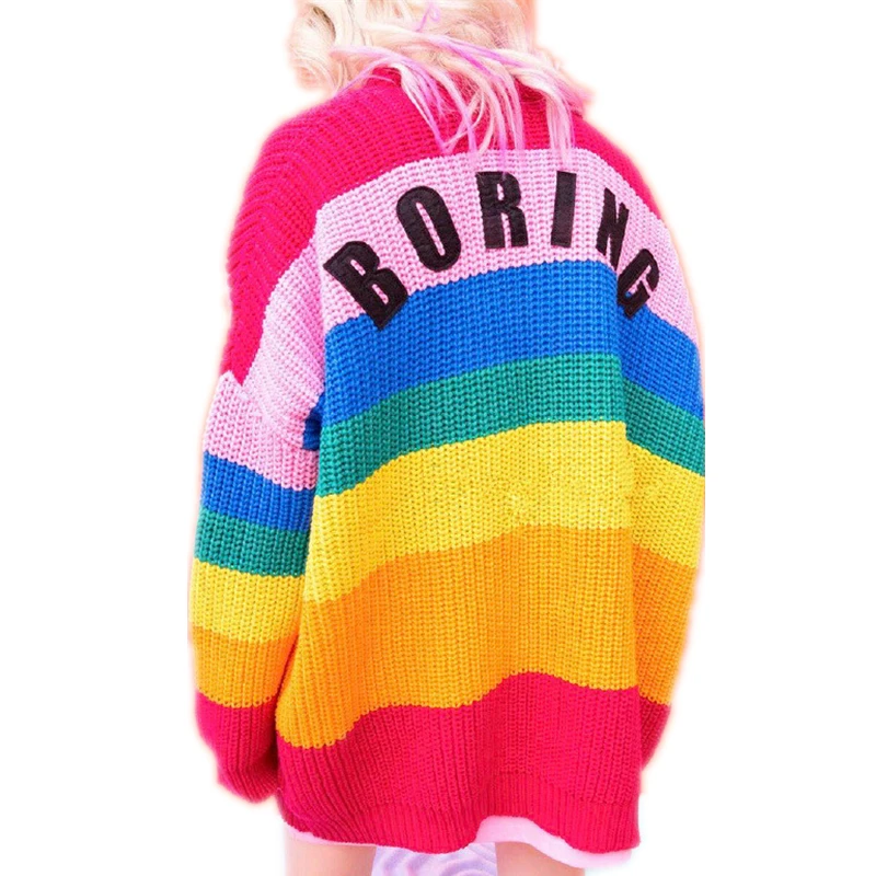 Runway Women's Sweater Kawaii Ulzzang Rainbow Striped Cardigan Embroidery Letters Knitted Female Harajuku Sweaters For Women |