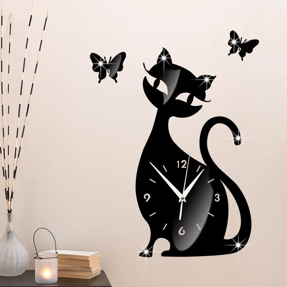 Aimecor настенные часы милые кошачьи бабочки зеркальные черные современный дизайн