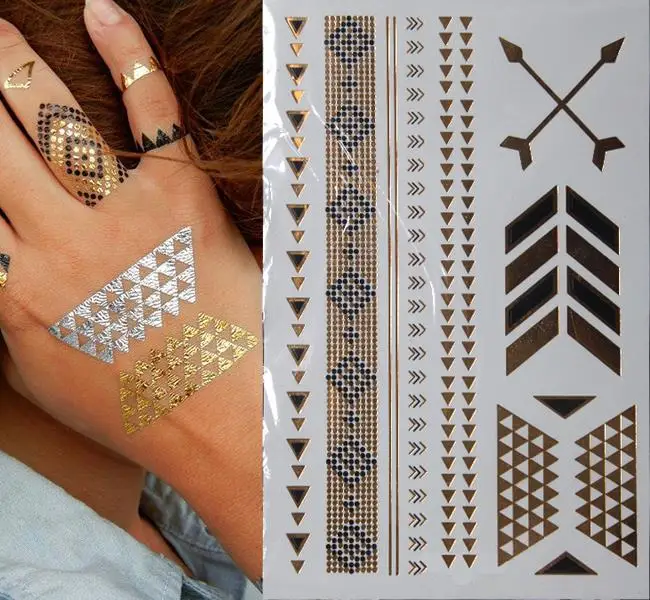 Flash Metallic Tattoo Temporary Triangle Arrow Logo With Combination of Golden Tattoo Art stickers
Flash Metallic Tattoo Temporary Triangle Arrow Logo With Combination of Golden Tattoo Art stickers