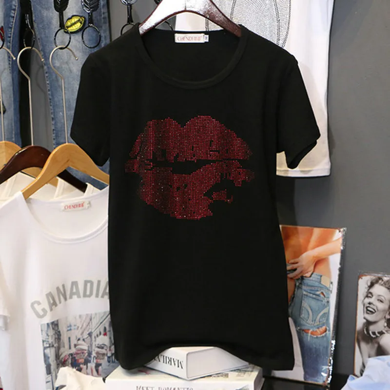 Heavy Lip Rhinestone Women T Shirts Spring 2021 Casual O Neck Short Sleeve Ladies Tees Fashion Cotton Female Tops
Heavy Lip Rhinestone Women T Shirts Spring 2021 Casual O Neck Short Sleeve Ladies Tees Fashion Cotton Female Tops