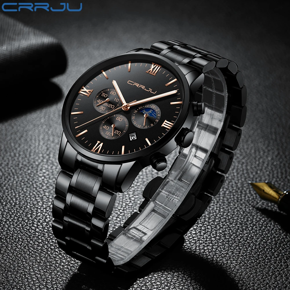 Fashion Classic Silver And Black Mens Watches Alloy Case And Stainless Steel Band CRRJU New Chronograph Sports Wrist Watch Gifts
Fashion Classic Silver And Black Mens Watches Alloy Case And Stainless Steel Band CRRJU New Chronograph Sports Wrist Watch Gifts