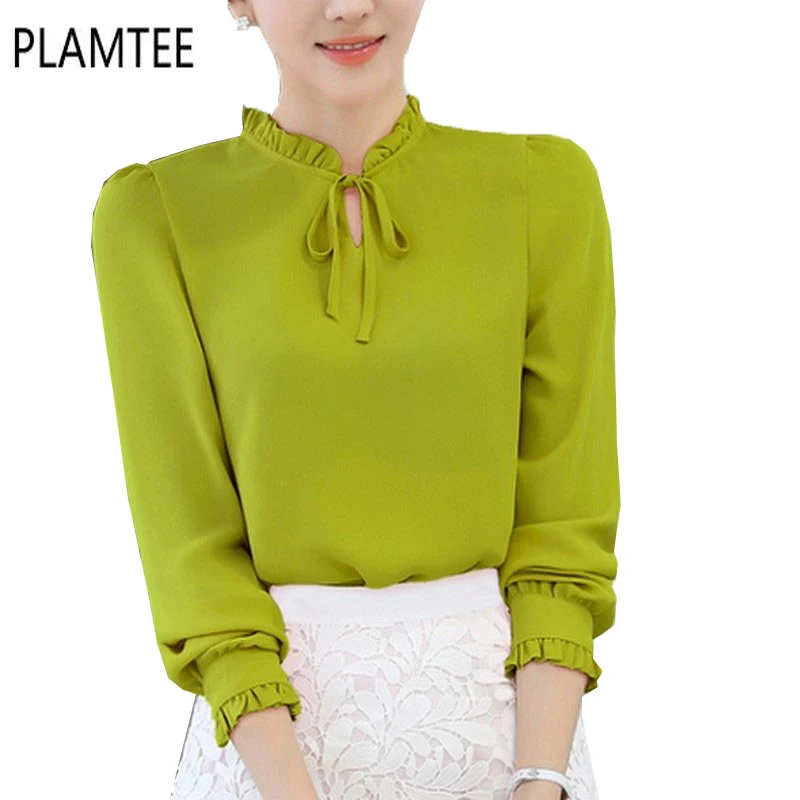 Плюс Размеры S ~ 3XL блузка Для женщин лук Blusa листьев лотоса шифоновая рубашка