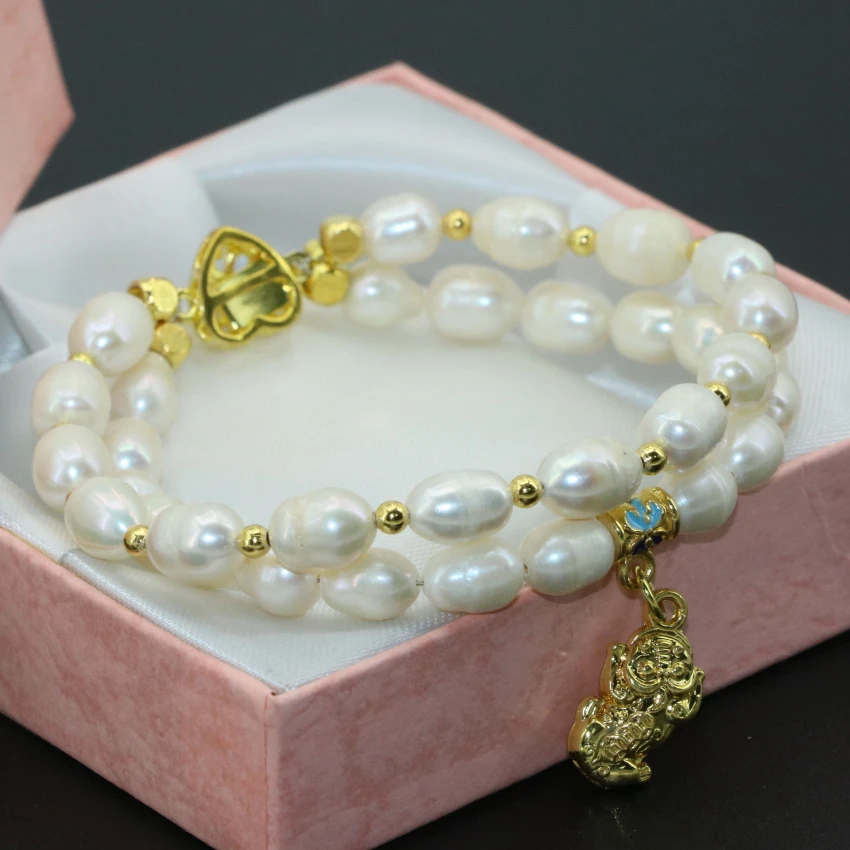Wholesale price 7-8mm white natural freshwater cultured barrel rice pearl two rows clasp bracelets jewelry 8inch B2759 | Украшения и