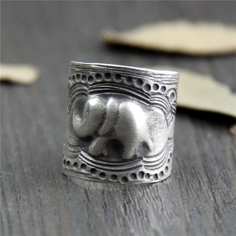 

C&R Real S999 Sterling Silver Rings for Women Relief Elephant Thai Silver Rings Opening Ring Vintage Handmade Fine Jewelry