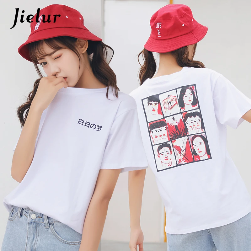 Jielur Funny Japanese Letter Daydream Anime T-shirt Female Loose White Black T-shirts Women Summer Top 2019 S-XL Dropshipping | Женская
