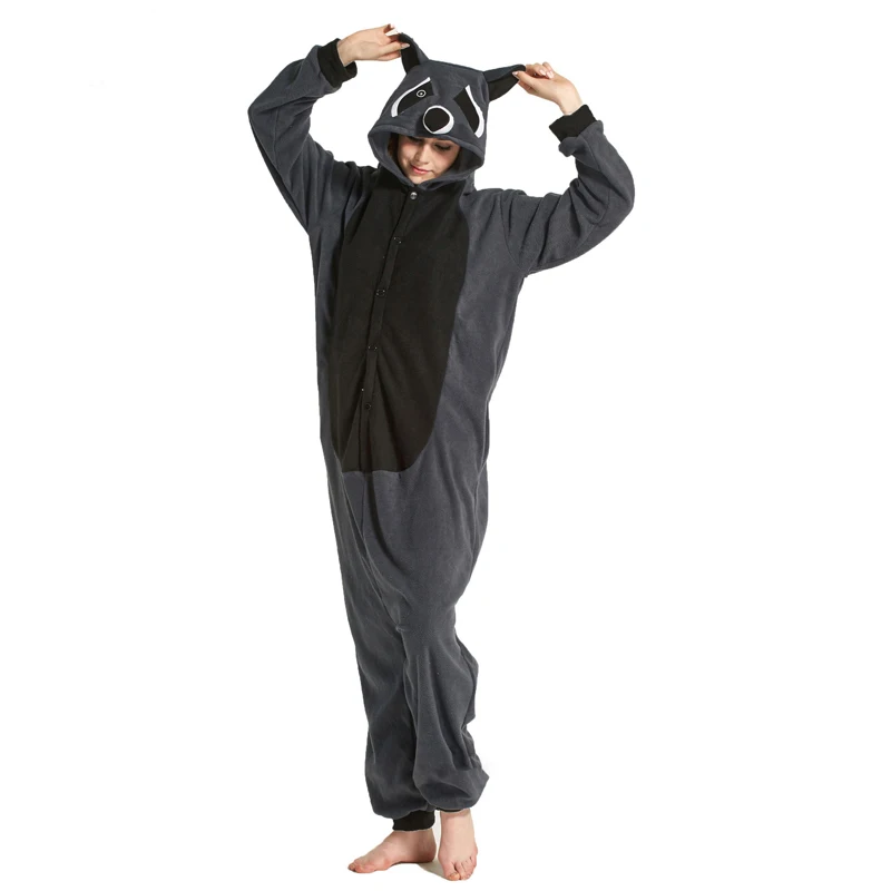Фото Прямая поставка серый черный Енот Onesie Kigurumi девушки Для женщин взрослых Пижама