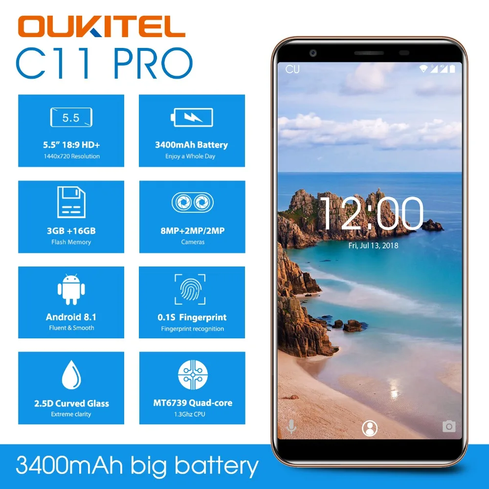 

2017 Oukitel C8 5.5" HD 18:9 Display Android 7.0 MT6580A Quad Core 3000mAh 2GB RAM 16GB ROM 3G Fingerprint 13MP Camera Cellphone