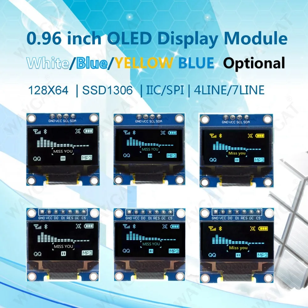 

Модуль светодиодного ЖК-дисплея WAVGAT, сине-белый цвет, 0,96x64 желто-синий, для Arduino, дюйма, I2C, IIC, последовательный, новый, оригинальный