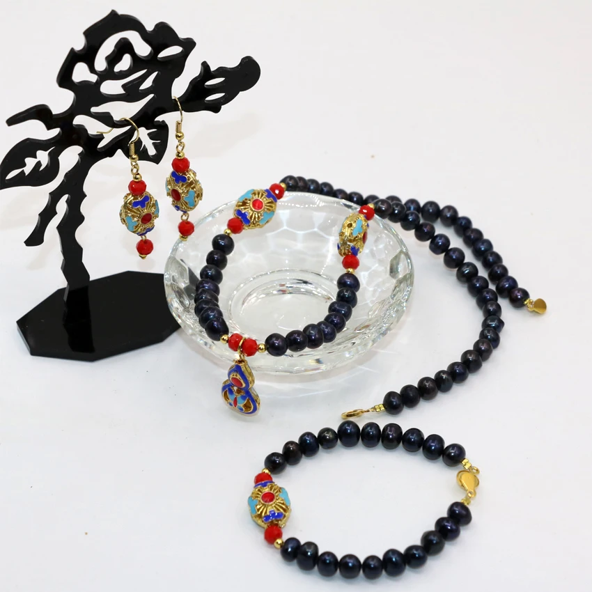 Ethnic style black natural freshwater pearl beads 7-8mm necklace earrings bracelets gold-color cloisonne diy jewelry set B3025
Ethnic style black natural freshwater pearl beads 7-8mm necklace earrings bracelets gold-color cloisonne diy jewelry set B3025