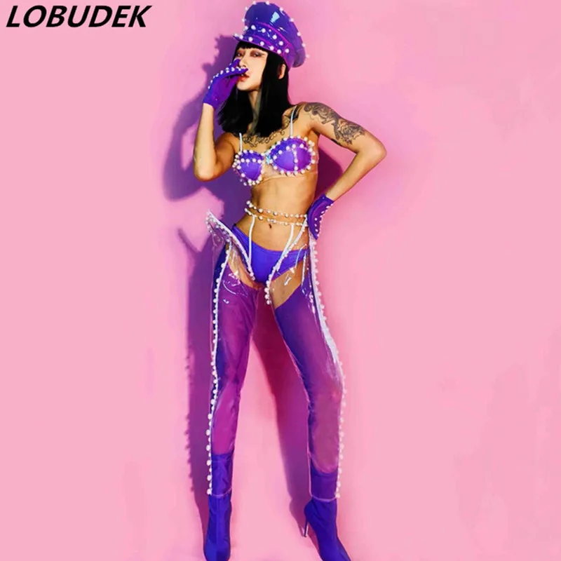 Female Dance Team Costume Purple Pearls Bikini 6 Pieces Set Sexy Bar Club Party Women DJ Jazz Show Stage Wear Nightclub Outfits
Female Dance Team Costume Purple Pearls Bikini 6 Pieces Set Sexy Bar Club Party Women DJ Jazz Show Stage Wear Nightclub Outfits