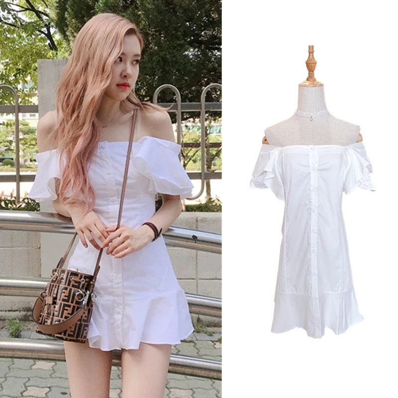 kpop Korean Celebrity streetwear new women summer white ruffled one word collar dress front button shirt female sexy dresses
kpop Korean Celebrity streetwear new women summer white ruffled one word collar dress front button shirt female sexy dresses