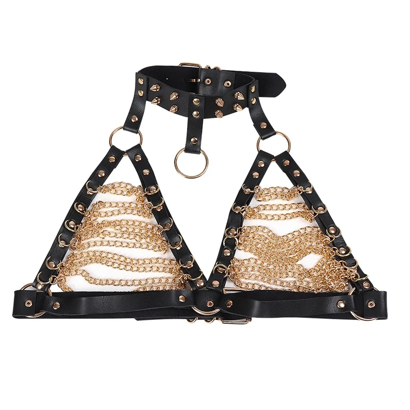 Leather Harness Punk Gothic Gold Metal Chain Bra Sexy Lingerie for Women Cupless Bra Tops Belt Body Bondage Chest Straps Rave
Leather Harness Punk Gothic Gold Metal Chain Bra Sexy Lingerie for Women Cupless Bra Tops Belt Body Bondage Chest Straps Rave