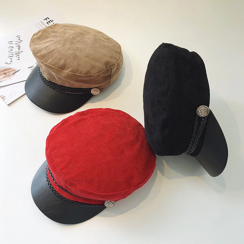 2018 осень-зима Винтаж вельвет ПУ Кнопка шляпа для Для женщин военная Gorras Планас