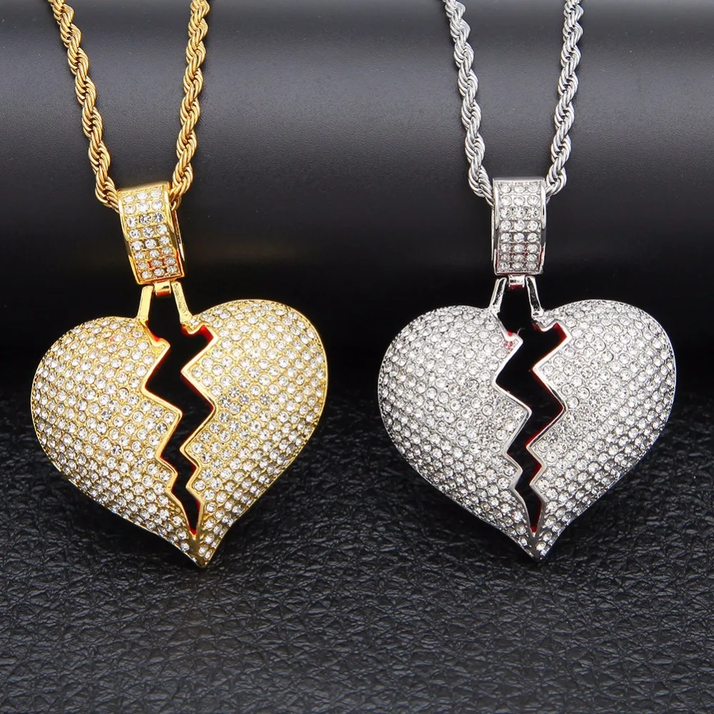 

Hip Hop broken Love Gold Silver color Heart Necklaces Bling Rhinestone Iced out pendant Twisted chain For Men women Jewelry Gift