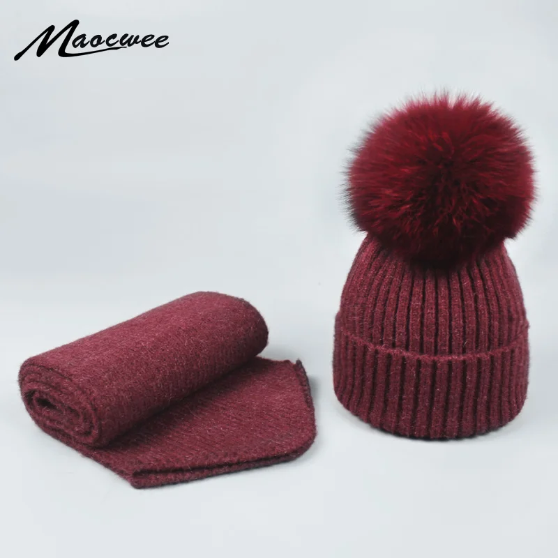

Women's Winter Scarf Hat Sets Skullies Thick Warm Fox Fur Pom pom Hat and Scarf Knitted Beanies Ski gorro Adult and Child Caps