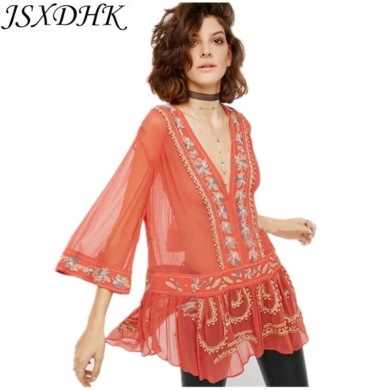 Luxury Floral Embroidery Beading Bohemian Shirt Tops New 2018 Gorgeous Perspective Chiffon Deep V Neck Sexy Ethnic Beach Blouse
Luxury Floral Embroidery Beading Bohemian Shirt Tops New 2018 Gorgeous Perspective Chiffon Deep V Neck Sexy Ethnic Beach Blouse