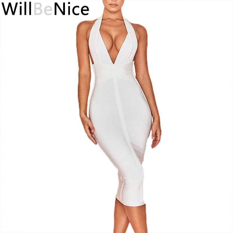 

WillBeNice White Pink Bandage Dresses 2019 Deep v Neck Sexy Bodycon Dress Party Women Halter Backless Bandage Dress Rayon China