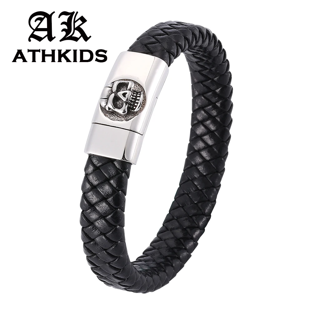 Punk Style bracelets Men Stainless Steel Skull Head Magnetic buckle Charms Male Bracelet Black Braided Leather Bracelets PD0317
Punk Style bracelets Men Stainless Steel Skull Head Magnetic buckle Charms Male Bracelet Black Braided Leather Bracelets PD0317