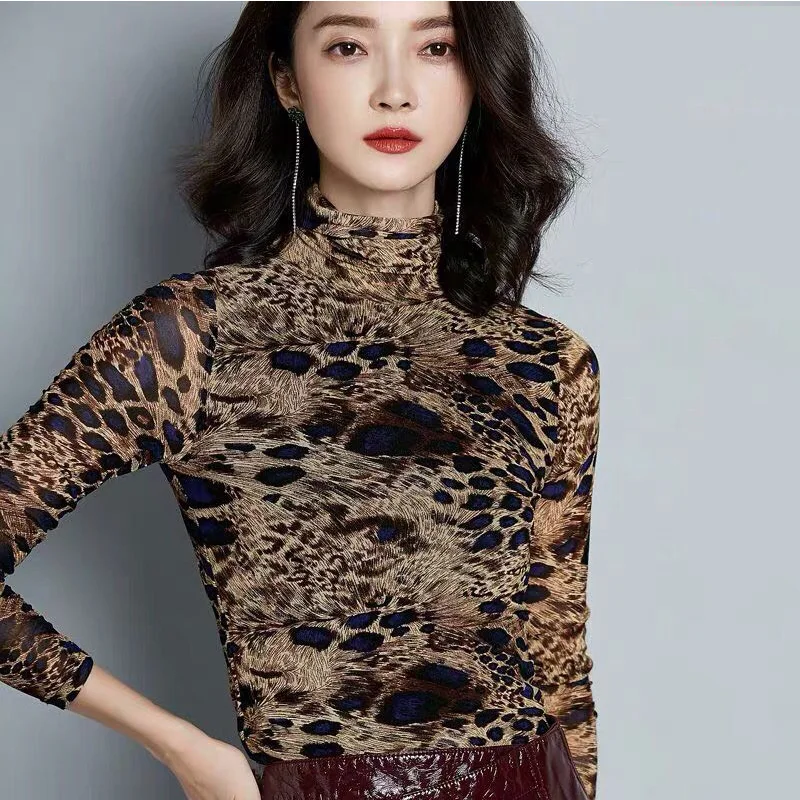 Fall 2019 New Leopard-print Mesh Bottom Shirt Long-sleeved Top Fashion Elasticity Slim High-collar Knitted Shirt Women
Fall 2019 New Leopard-print Mesh Bottom Shirt Long-sleeved Top Fashion Elasticity Slim High-collar Knitted Shirt Women