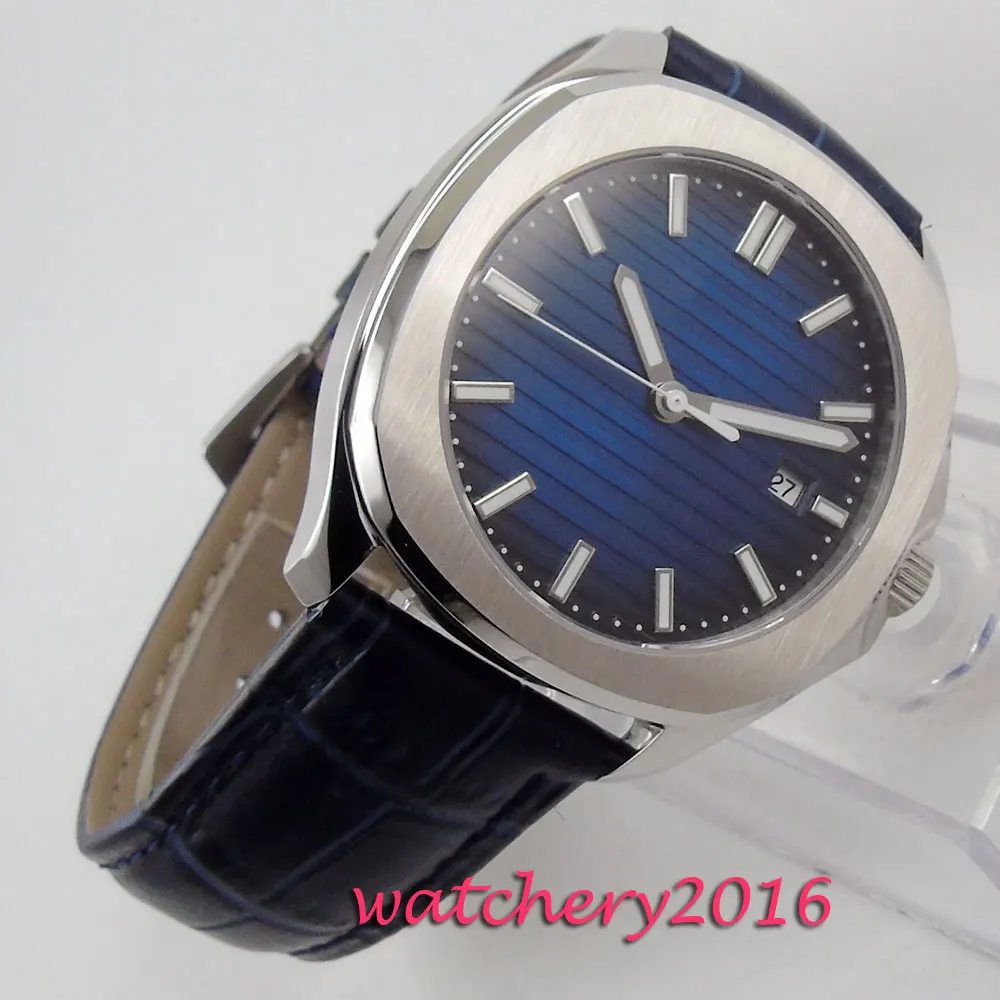 40mm Blue Sterile Dial Sapphire Glass Date Luminous Maker Automatic Movement Mens Watch leather strap
40mm Blue Sterile Dial Sapphire Glass Date Luminous Maker Automatic Movement Mens Watch leather strap